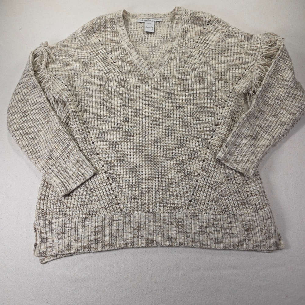 American Rag Cie Womens Small V-Neck Fringe Marled Knit Sweater Boho Cream H569